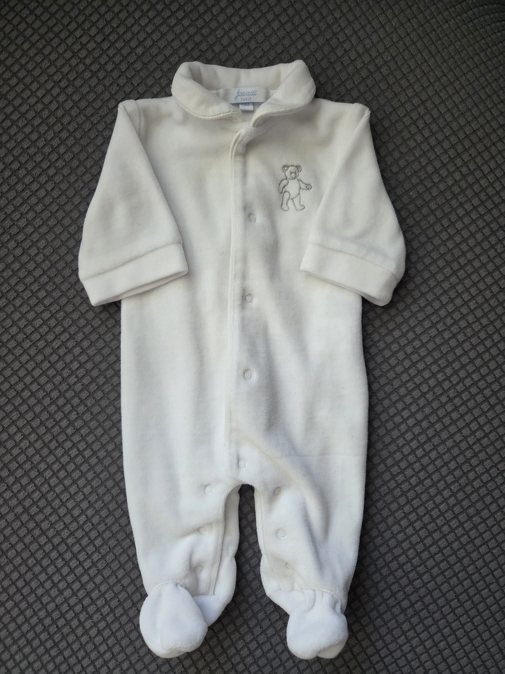 Jacadi Fuzzy White Footed Baby One-Piece with Embroidered Bear